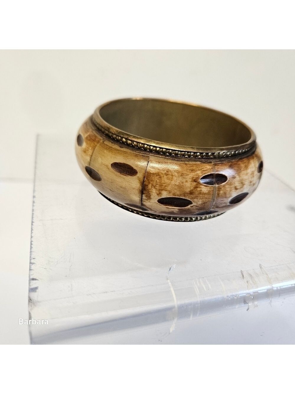 Vintage Carved Cow Bone and Brass Bangle Bracelet